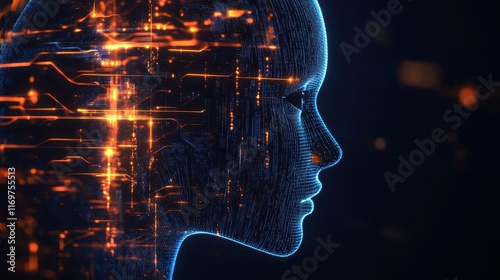 A side profile of a futuristic artificial intelligence computer head, featuring glowing lines and streams of data, representing advanced technology and digital intelligence. photo