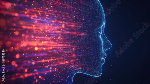 A side profile of a futuristic artificial intelligence computer head, featuring glowing lines and streams of data, representing advanced technology and digital intelligence. photo