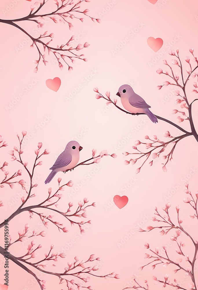 Valentines Day pattern with love birds perched on tree branches, surrounded by leaves and blossoms Valentines Day pattern with love birds perched on tree branches, surrounded by leaves and blossoms