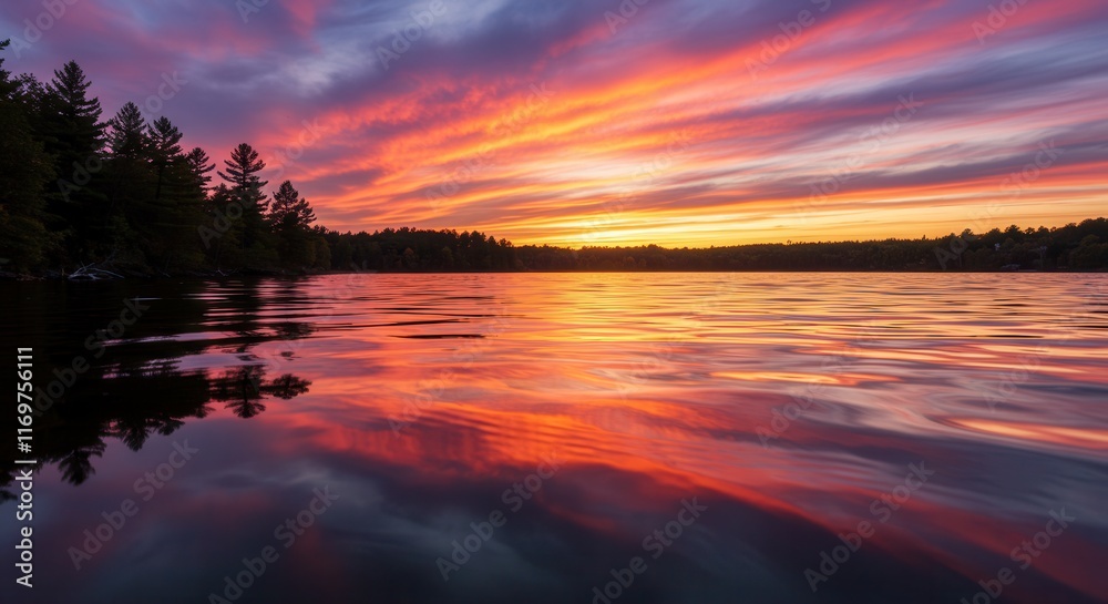 Obraz premium Vibrant sunset over tranquil lake with dramatic clouds and reflections