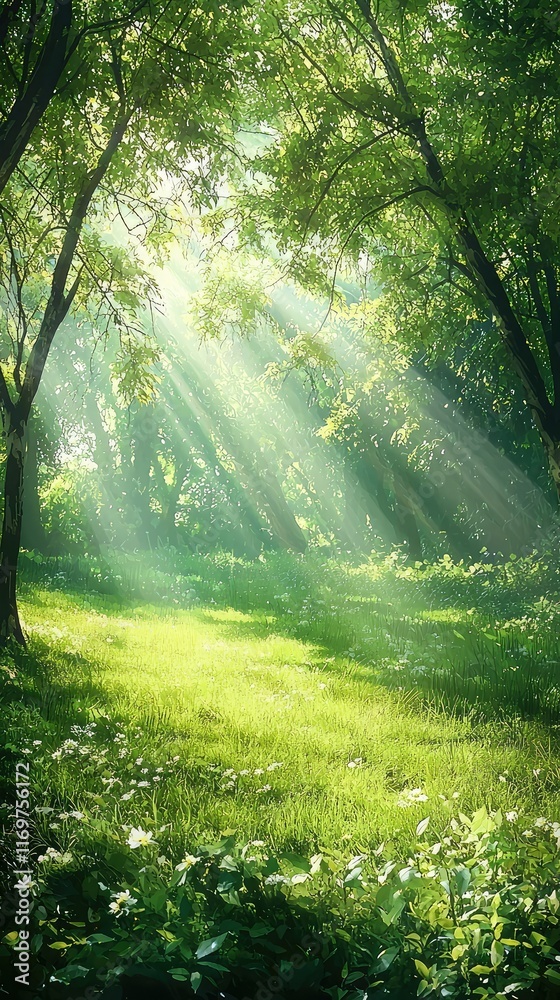 Obraz premium Sunlight Streaming Through Trees in Lush Green Forest Landscape