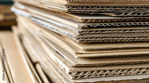 A stack of corrugated cardboard sheets is displayed, emphasizing their use in packaging, shipping, and eco-friendly material applications. photo