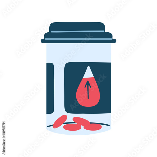 Tablets for the prevention and treatment of iron deficiency anemia. Conceptual icon with a jar of medicines for anaemia. Vector illustration