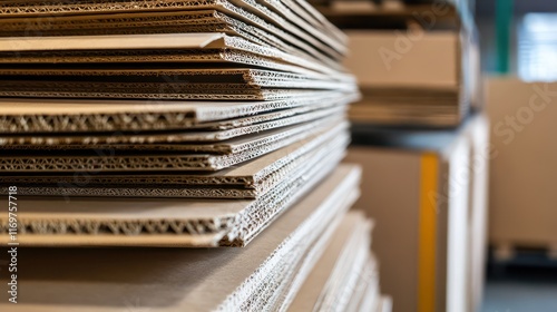 A stack of corrugated cardboard sheets is displayed, emphasizing their use in packaging, shipping, and eco-friendly material applications. photo