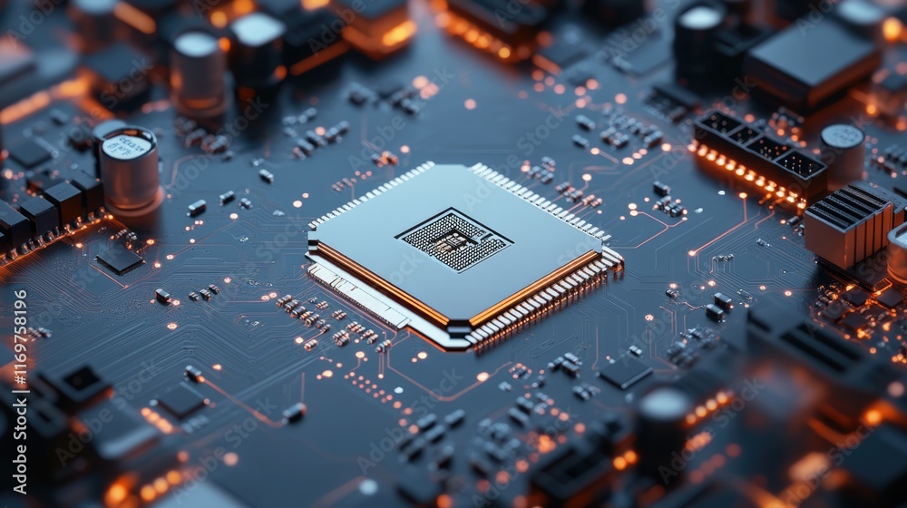 Microchip on motherboard. Electronic circuit board close-up. Advanced technology CPU processor for modern computers Microchip on motherboard. Electronic circuit board close-up. Advanced technology CPU processor for modern computers