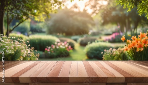 selective focus end grain wood counter top with cutting board on blur greeny flower garden in morning with nature light mz
