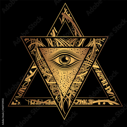 Golden Mystic Eye in Ornate Triangle and Star Design with Ethnic Patterns, Esoteric Symbolism, Spiritual All-Seeing Eye, Decorative Boho Illustration, Vector Art for Tattoo, Prints