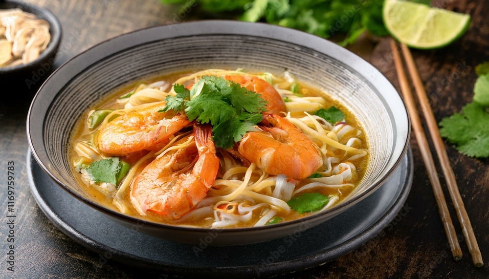 malaysian prawn noodle soup with coriander and bean sprouts malaysian prawn noodle soup with coriander and bean sprouts