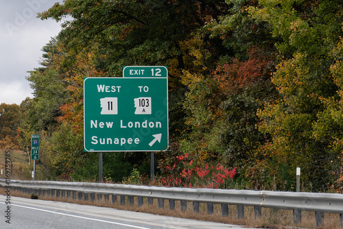 Photography exit sign on Interstate 89 for  Exit 12 for NH-11 and NH-103A toward New London
