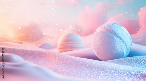 A surreal space-inspired composition featuring planetary models set against a soft pink and blue pastel background. photo