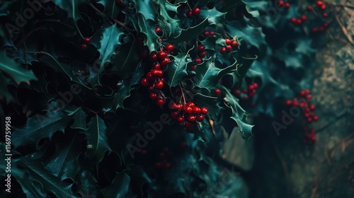 Close-up of holly sprigs with vibrant red berries. Lush, dark green leaves and clusters of deep red berries create a festive, natural image. photo