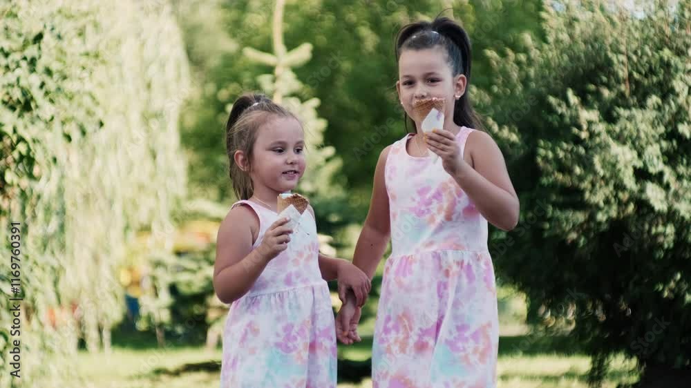 Cute Girlsin White Summer Dress Enjoying Delicious Ice Cream. Kid with Ice Cream.sisters enjoys a delicious ice cream cone during the summer. Child with ice cream. Summer holiday Sunny Day. Cute Girlsin White Summer Dress Enjoying Delicious Ice Cream. Kid with Ice Cream.sisters enjoys a delicious ice cream cone during the summer. Child with ice cream. Summer holiday Sunny Day.