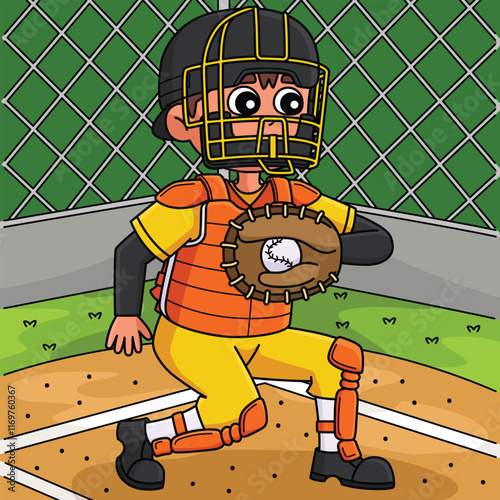 Baseball Catcher Colored Cartoon Illustration