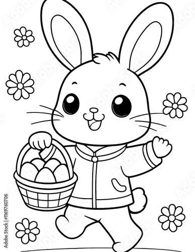 happy bunny with basket of eggs coloring page. ready to print on standard 8.5x11 inch paper