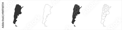 Argentina set of three maps - solid map, outline map and map highlighting administrative divisions. Three distinct maps illustrate various representations of a geographical area.