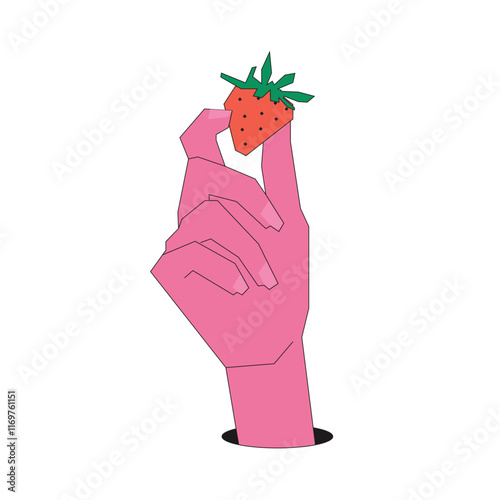 Illustration hand hold strawberry retro design