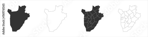 Burundi set of three maps - solid map, outline map and map highlighting administrative divisions. Three distinct maps illustrate various representations of a geographical area.