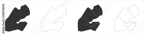 Djibouti set of three maps - solid map, outline map and map highlighting administrative divisions. Three distinct maps illustrate various representations of a geographical area.