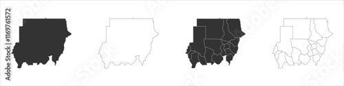 Sudan set of three maps - solid map, outline map and map highlighting administrative divisions. Three distinct maps illustrate various representations of a geographical area.