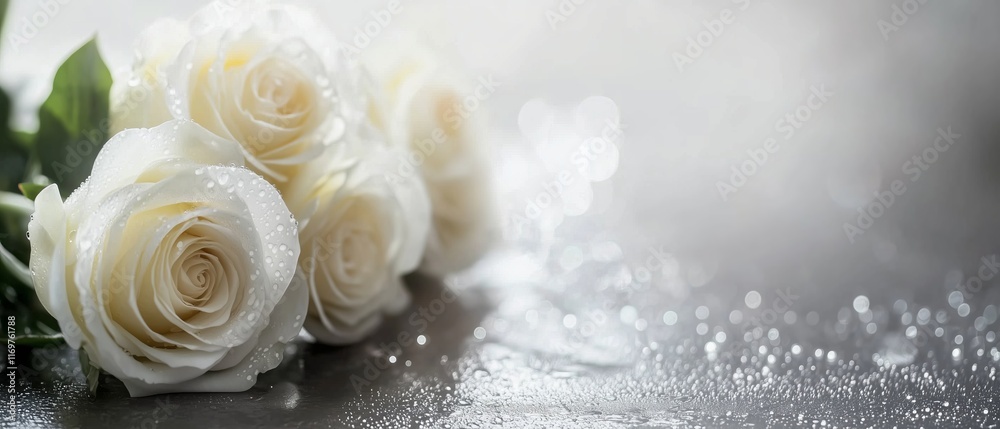 White roses bouquet on a grey background with bokeh and copy space