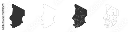 Chad set of three maps - solid map, outline map and map highlighting administrative divisions. Three distinct maps illustrate various representations of a geographical area.