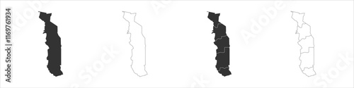 Togo set of three maps - solid map, outline map and map highlighting administrative divisions. Three distinct maps illustrate various representations of a geographical area.