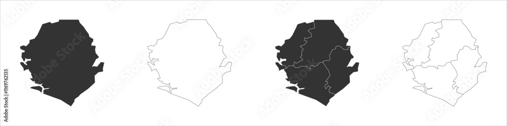 Sierra Leone set of three maps - solid map, outline map and map highlighting administrative divisions. Three distinct maps illustrate various representations of a geographical area. Sierra Leone set of three maps - solid map, outline map and map highlighting administrative divisions. Three distinct maps illustrate various representations of a geographical area.