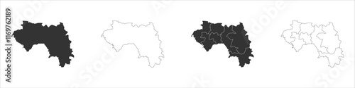 Guinea set of three maps - solid map, outline map and map highlighting administrative divisions. Three distinct maps illustrate various representations of a geographical area.