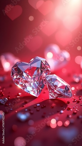 Diamond hearts on red shiny background. Valentines day greeting card. 3 d illustration. Background for a smartphone photo