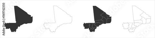 Mali set of three maps - solid map, outline map and map highlighting administrative divisions. Three distinct maps illustrate various representations of a geographical area.