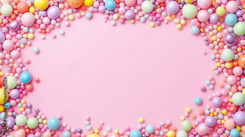 Pastel colored candy balls frame a pink background Pastel colored candy balls frame a pink background