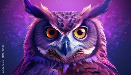 a close up of a large owl with a purple background the owl has a piercing gaze and he is staring at the camera the image has a surreal and dreamlike quality with the purple background photo