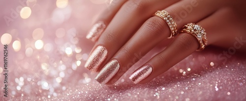 Luxury manicure showcasing rose gold glitter nails with soft focus lighting effects.
