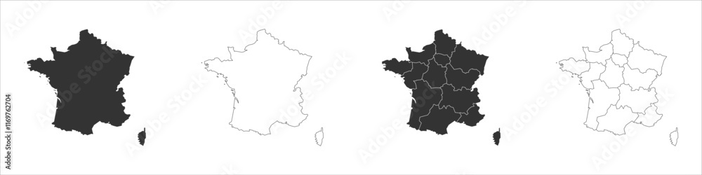 France set of three maps - solid map, outline map and map highlighting administrative divisions. Three distinct maps illustrate various representations of a geographical area. France set of three maps - solid map, outline map and map highlighting administrative divisions. Three distinct maps illustrate various representations of a geographical area.