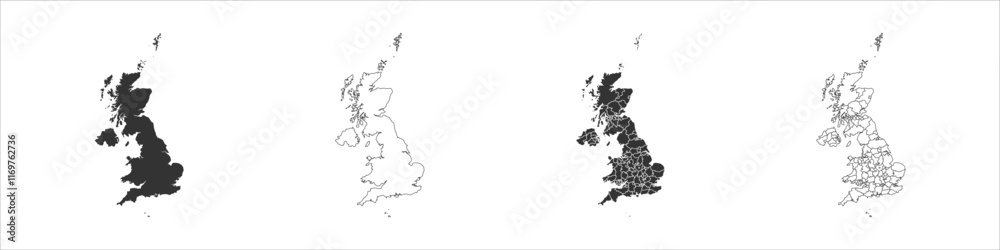 Obraz premium United Kingdom of Great Britain and Northern Ireland set of three maps - solid map, outline map and map highlighting administrative divisions. Three distinct maps illustrate various representations of