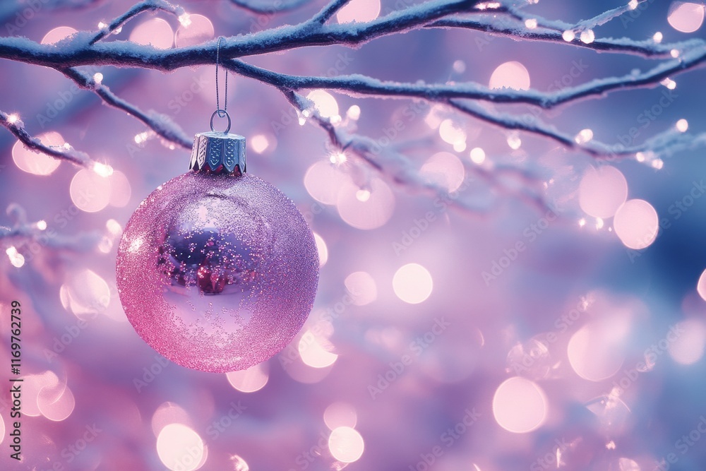 Fototapeta premium A glistening pink ornament hangs from a snow-dusted branch, illuminated by soft pink lights. Festive winter scene.