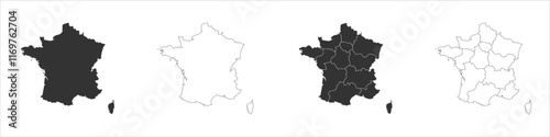 France set of three maps - solid map, outline map and map highlighting administrative divisions. Three distinct maps illustrate various representations of a geographical area.