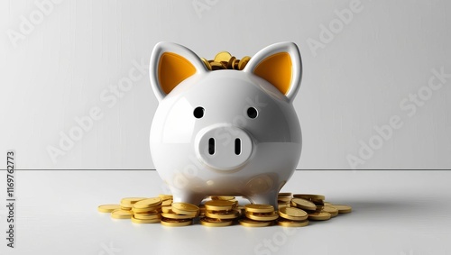 Saving money with a piggy bank home office financial tips minimalist focused photo