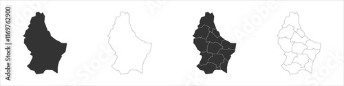 Luxembourg set of three maps - solid map, outline map and map highlighting administrative divisions. Three distinct maps illustrate various representations of a geographical area.