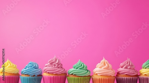 A vibrant banner features an array of colorful cupcakes against an isolated pink background, perfect for celebrating sweet treats and festive occasions. photo