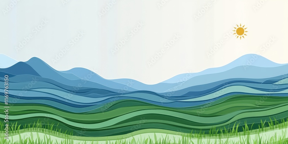 Obraz premium Stunning Abstract Landscape Art with Rolling Green Hills and Blue Mountains Under Sunny Sky - Perfect for Nature Lovers, Home Decor, and Artistic Inspiration