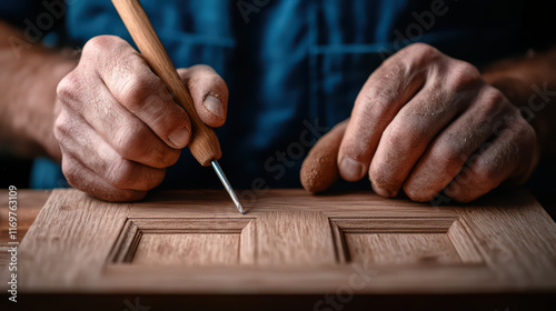 Craftsman carving intricate details on wooden panel photo