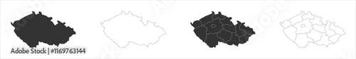 Czech Republic set of three maps - solid map, outline map and map highlighting administrative divisions. Three distinct maps illustrate various representations of a geographical area.