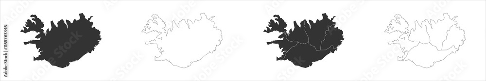 Iceland set of three maps - solid map, outline map and map highlighting administrative divisions. Three distinct maps illustrate various representations of a geographical area.