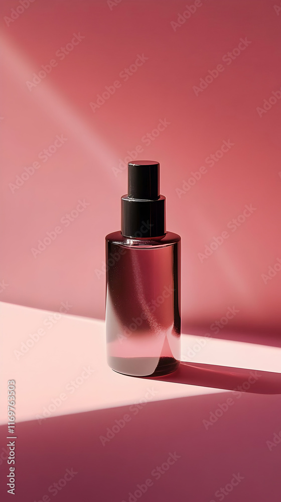 A sleek, dark spray bottle casting a shadow against a soft pink background. Work from home product A sleek, dark spray bottle casting a shadow against a soft pink background. Work from home product