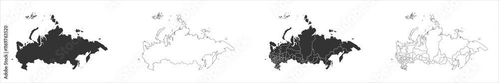 Obraz premium Russia set of three maps - solid map, outline map and map highlighting administrative divisions. Three distinct maps illustrate various representations of a geographical area.