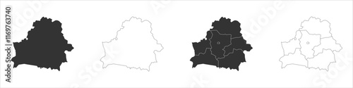 Belarus set of three maps - solid map, outline map and map highlighting administrative divisions. Three distinct maps illustrate various representations of a geographical area.