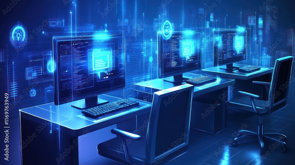 Three computers displaying data transfer on desks in a modern office. Three computers displaying data transfer on desks in a modern office.