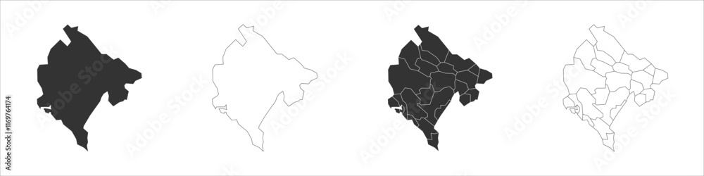 Fototapeta premium Montenegro set of three maps - solid map, outline map and map highlighting administrative divisions. Three distinct maps illustrate various representations of a geographical area.