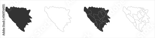 Bosnia and Herzegovina set of three maps - solid map, outline map and map highlighting administrative divisions. Three distinct maps illustrate various representations of a geographical area.